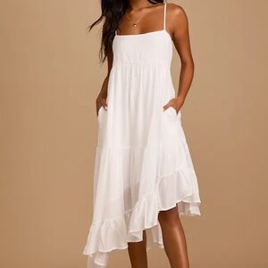 Lulus Boardwalk Bliss Tiered Asymmetrical Midi Dress- M